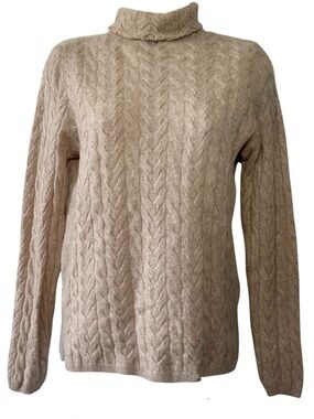 Garnet Hill Women’s Light Beige 100% Cashmere Cableknit Turtleneck Sweater- XS